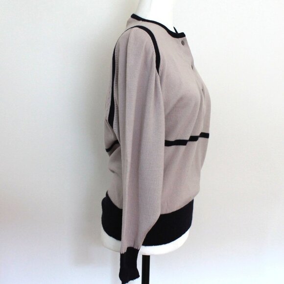 70s Wool Tan Sweater Navy Trim Dolman Sleeves Sportscraft Knit Top - Picture 3 of 8